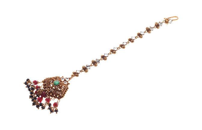 22ct Gold Rouge Look Tikka with Coloured Stones & Cubic Zirconias T-5874 - Minar Jewellers