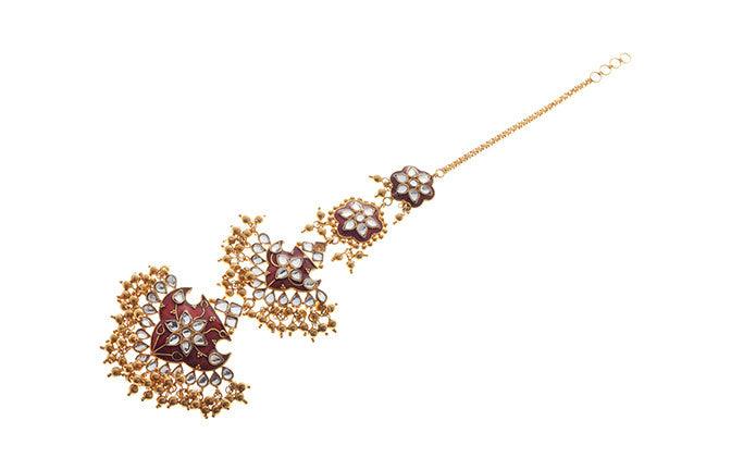 22ct Yellow Gold Antiquated Look Tikka with Cubic Zirconia Stones & Red Enamel Detail (20.4g) T-5877 - Minar Jewellers