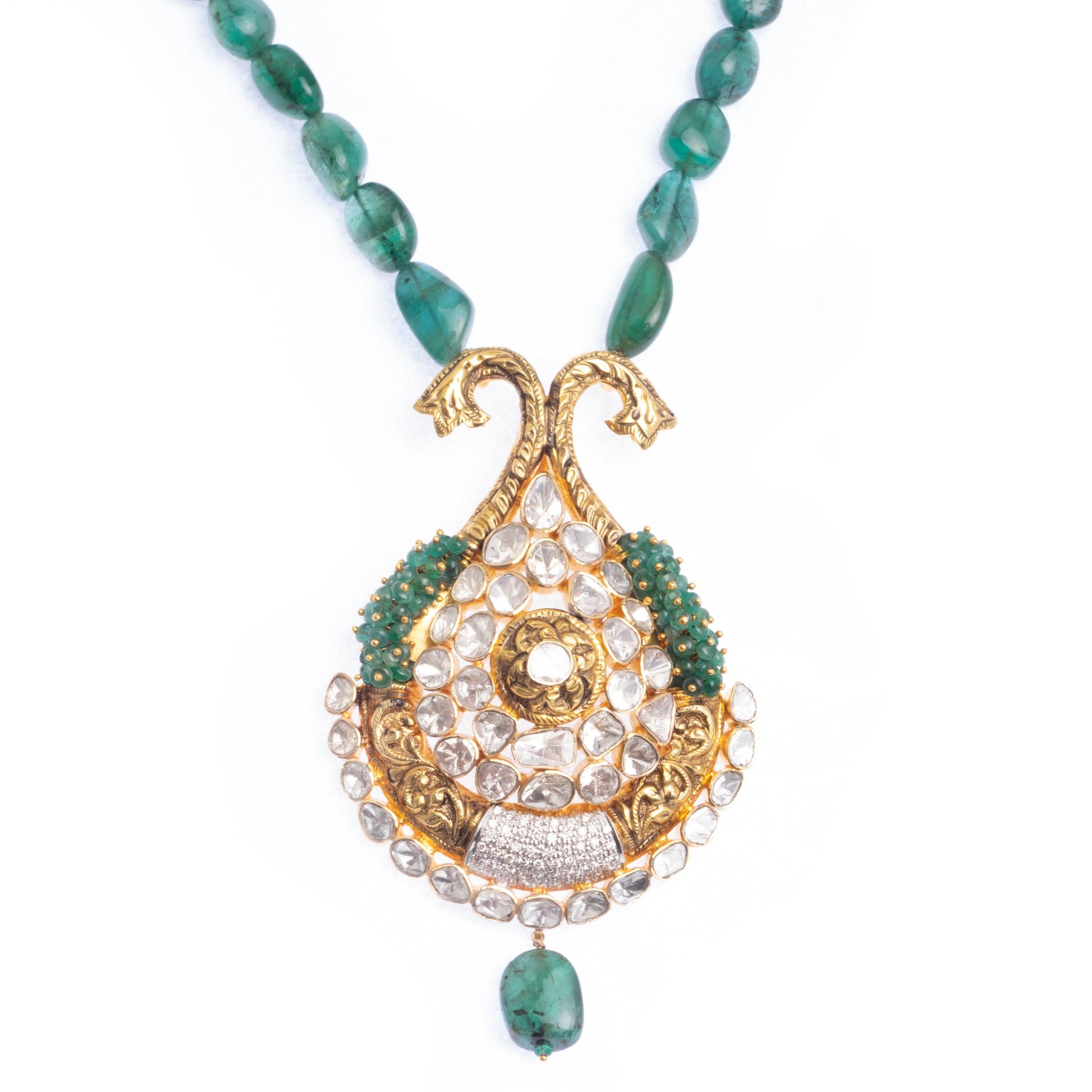 18ct Yellow Gold Polki Diamond and Emerald Necklace and Earrings Suite VPE-0818506 - Minar Jewellers