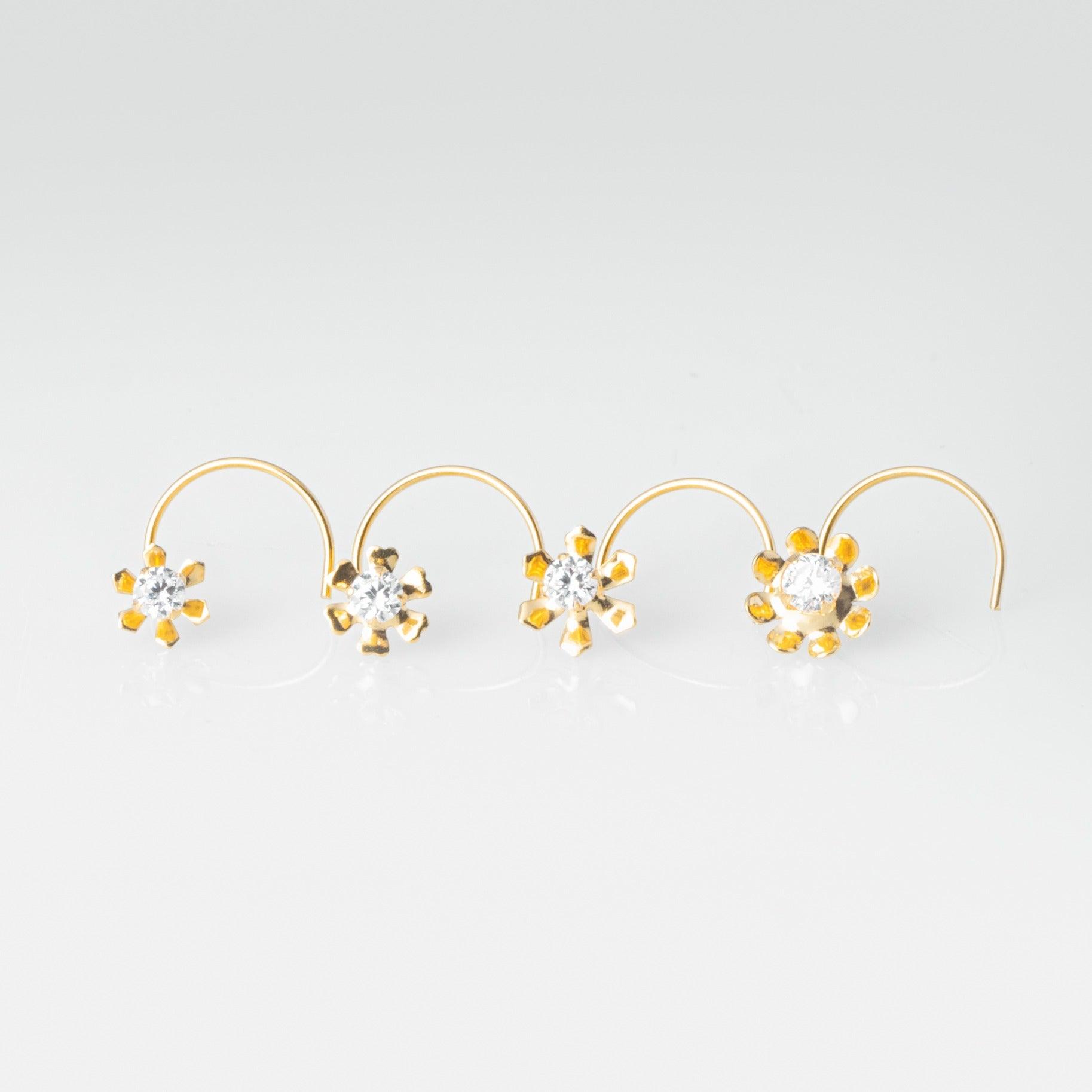 18ct Yellow Gold Wire Coil Back Nose Stud set with Cubic Zirconia in a Flower Design (4.5mm - 6mm) NIP-4-080 - Minar Jewellers