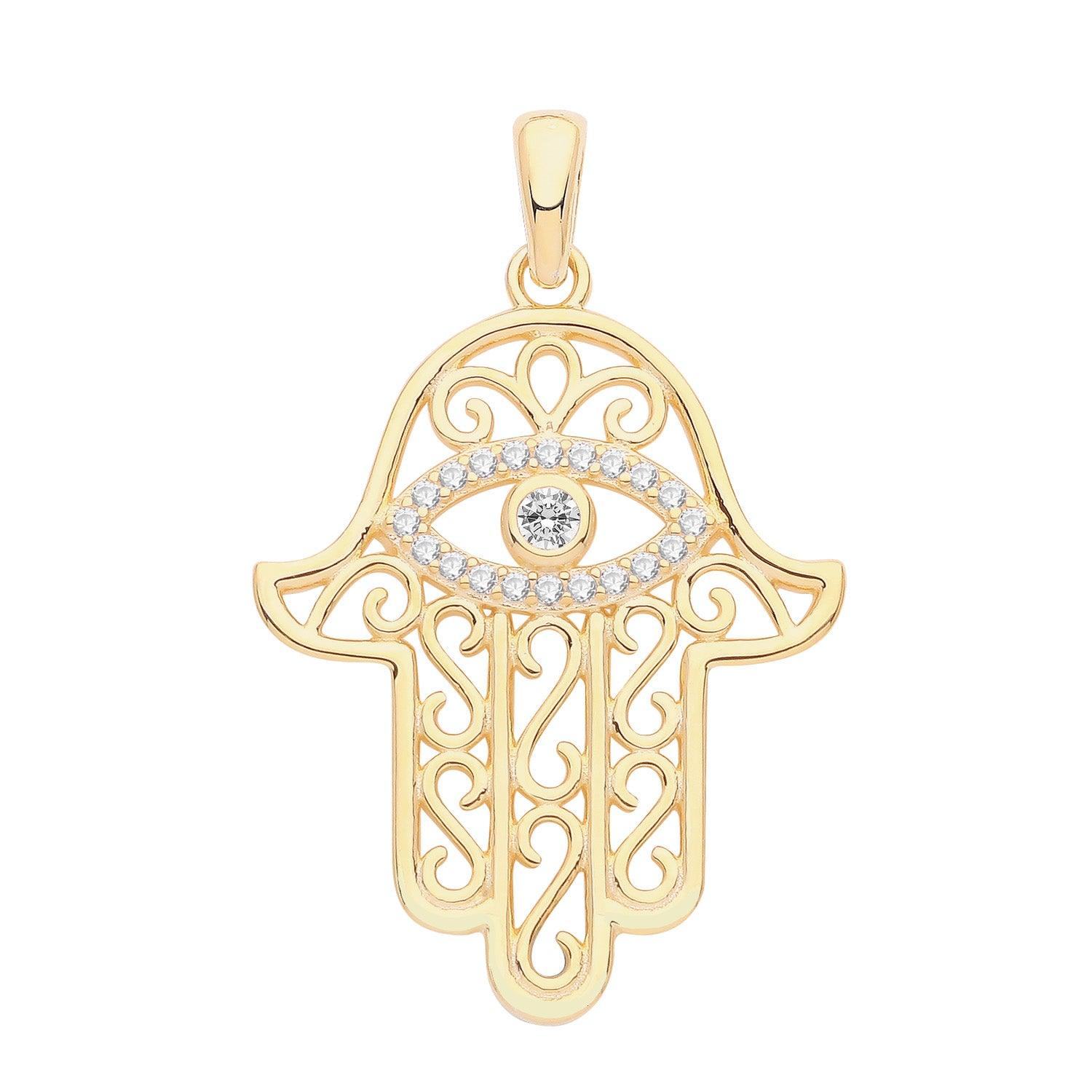 Gold Vermeil Sterling Silver Cubic Zirconia Hamsa Pendant and Chain G61084GP