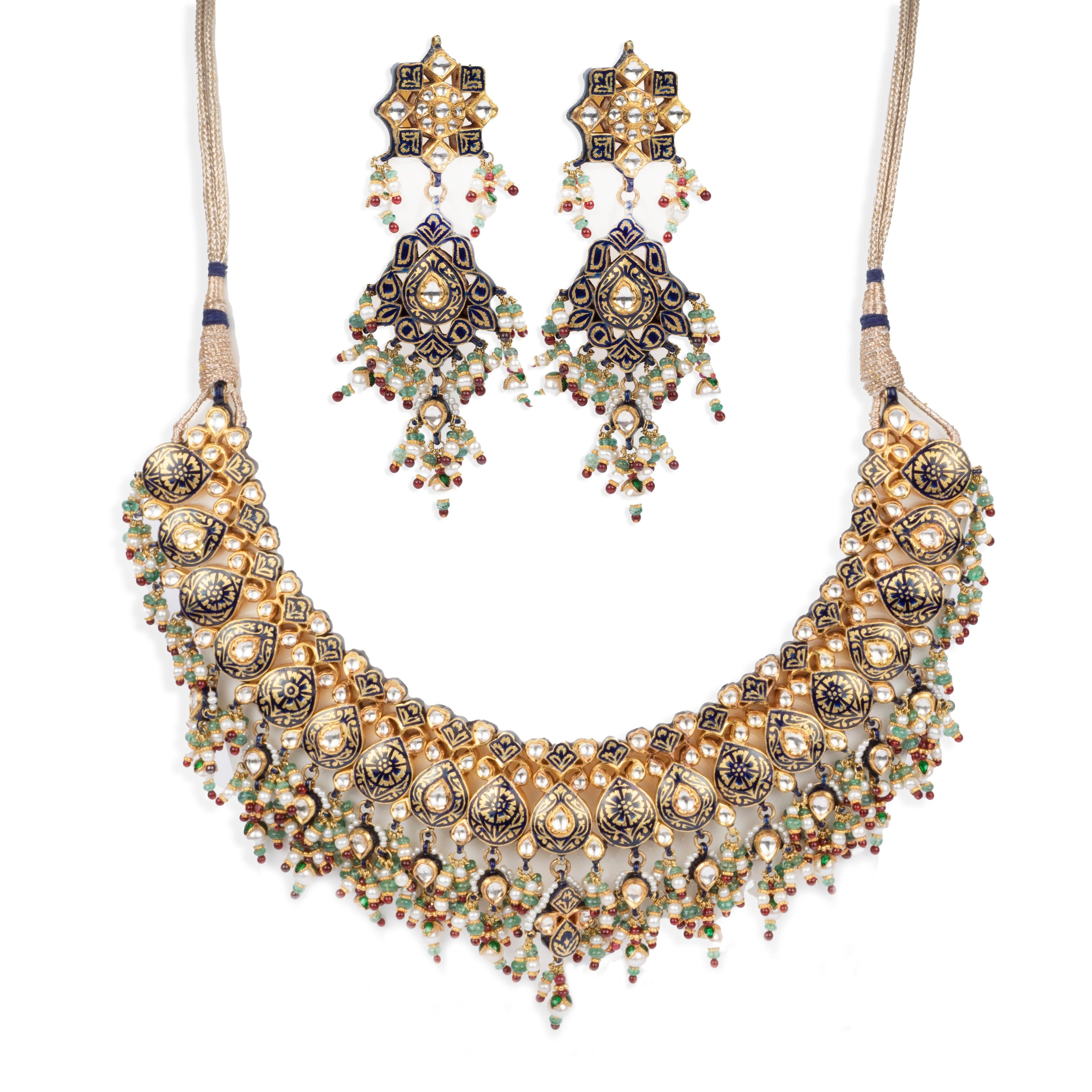 22ct Gold Meenakari Necklace and Earrings (203.1g) N&E-8080 - Minar Jewellers