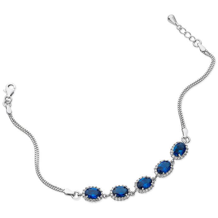 Rhodium Plated Sterling Silver Bracelet with Blue Stones SBR055b