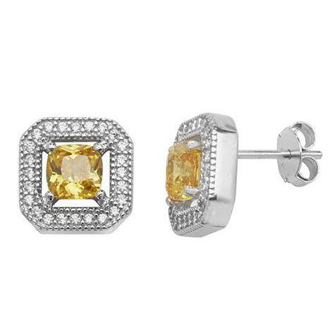 Sterling Silver Yellow Cubic Zirconia Square Rhodium Plated Earrings SE031C