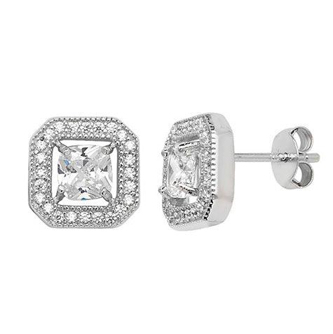 Sterling Silver Rhodium Plated White Cubic Zirconia Square Earrings SE243A - Minar Jewellers