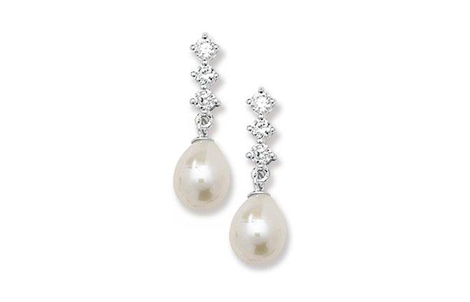 Sterling Silver Cubic Zirconia and Simulated Pearl Drop Earrings SE257B - Minar Jewellers