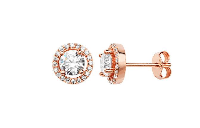 Rose Gold Plated Sterling Silver Cubic Zirconia Halo Stud Earrings SE400B - Minar Jewellers