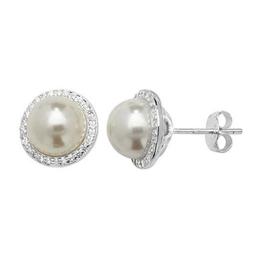Sterling Silver Cubic Zirconia & Simulated Pearl Earrings SE560B