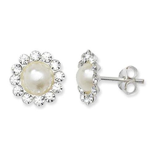 Sterling Silver Cubic Zirconia and Simulated Pearl Earrings SE635A