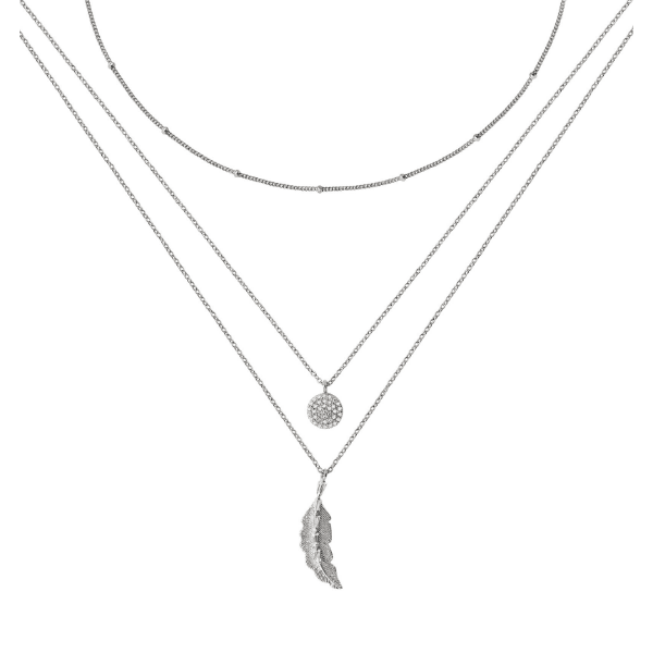 Sterling Silver Cubic Zirconia Rhodium Plated Three Tier Necklace with Feather Pendant SN016D - Minar Jewellers