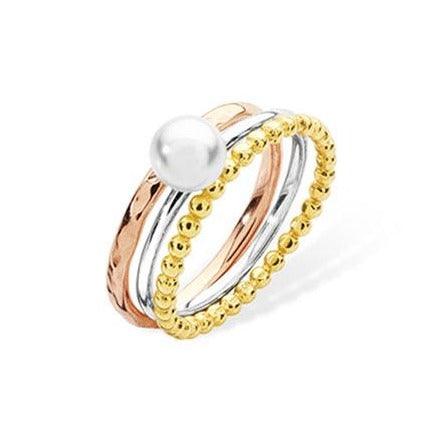 Sterling Silver Triple Ring Three Coloured Rings with Pearl SR037A - Minar Jewellers