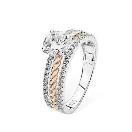 Sterling Silver Rhodium and Rose Gold Plated Ring set with a Round Brilliant Cut Cubic Zirconia SR058C - Minar Jewellers