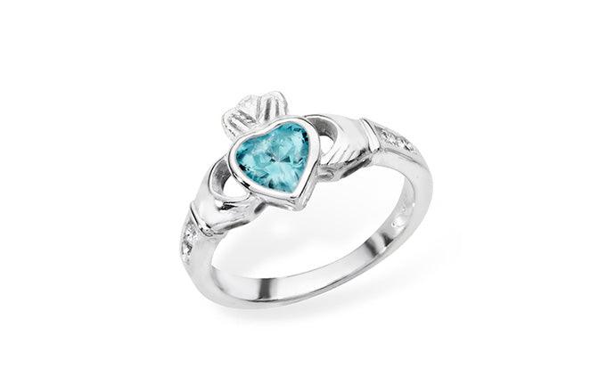 Sterling Silver Heart Shaped Aquamarine Cubic Zirconia Cladagh Ring SR139B - Minar Jewellers
