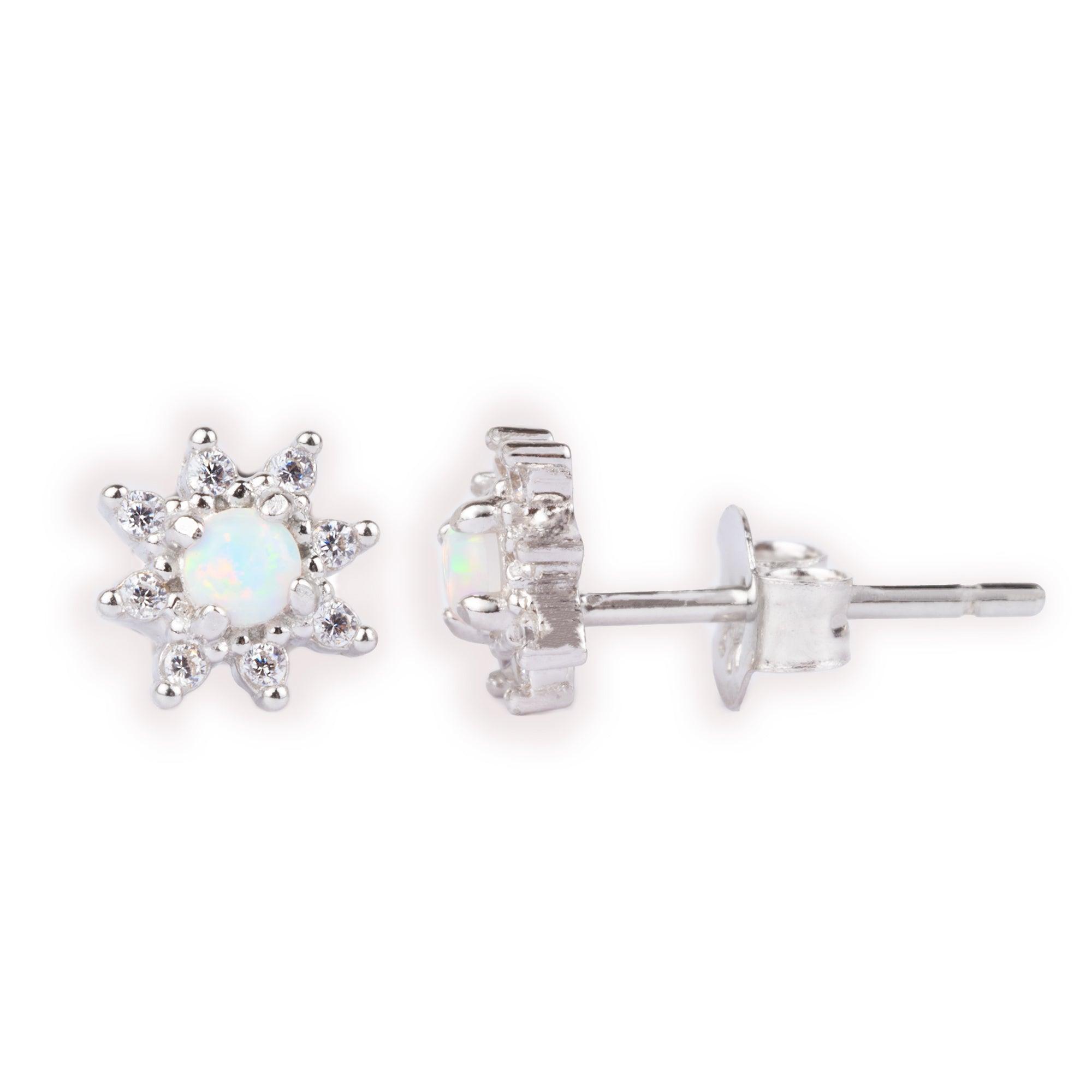 Sterling Silver Rhodium Plated Opal and Cubic Zirconia Flower-Shaped Push Back Earrings SE406C - Minar Jewellers