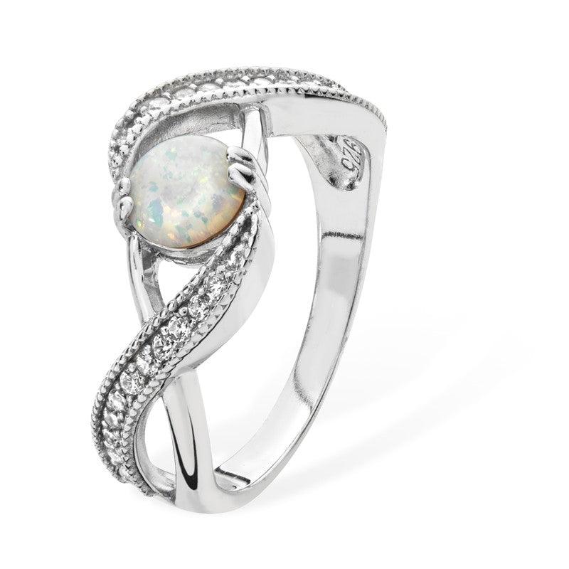 Sterling Silver Cubic Zirconia and Opal Ring with Rhodium Plating SR078B